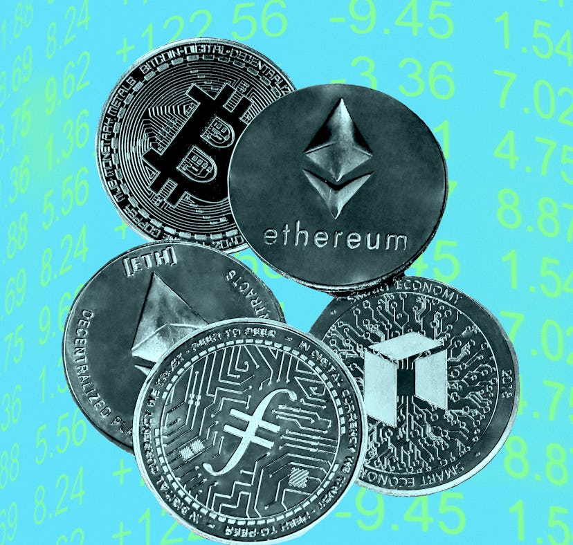 A Bitcoin, Ethereum, and other cryptocurrency coins on a blue-lime surface