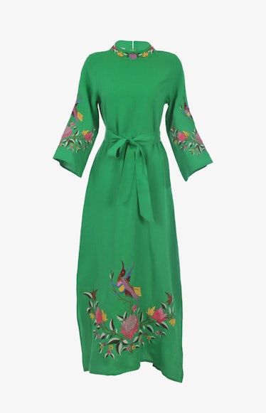 Fanm Mon's kelly green floral dress is perfect for spring. 