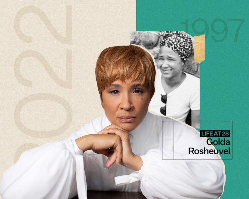 Golda Rosheuvel now and a photo of her being 28