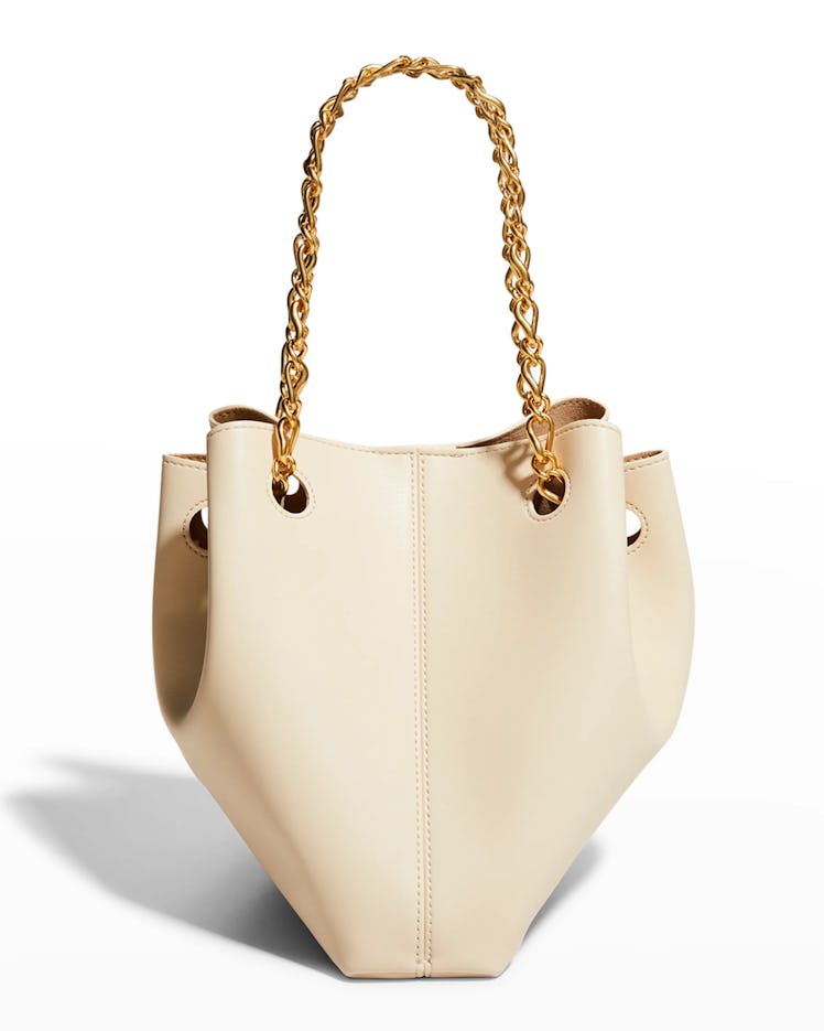 2022 handbag trends unique shapes ivory vegan leather bucket bag with gold chain strap