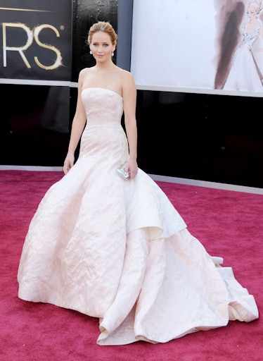 Jennifer Lawrence wearing her infamous Dior dress at the 2013 Oscars