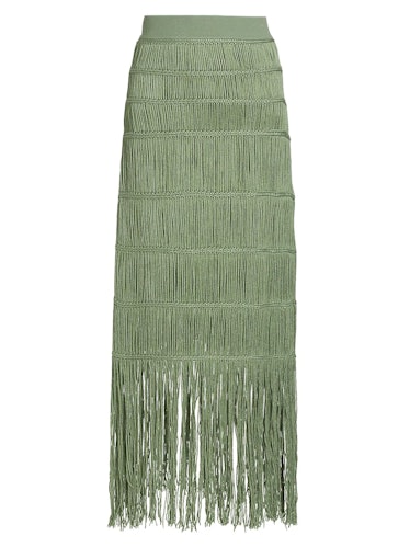 2022 fringe trend Jonathan Simkhai green fringe macrame skirt