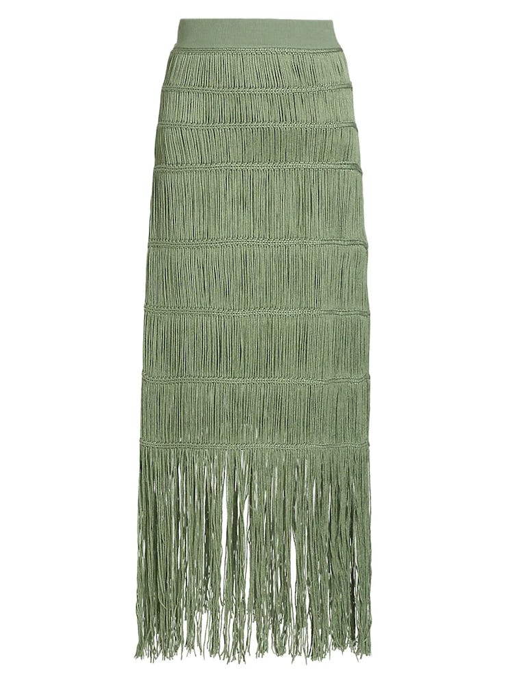 2022 fringe trend Jonathan Simkhai green fringe macrame skirt