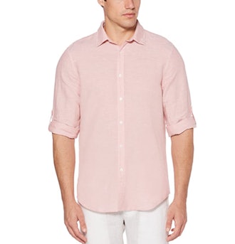 Perry Ellis Rolled Sleeve Linen-Cotton Shirt