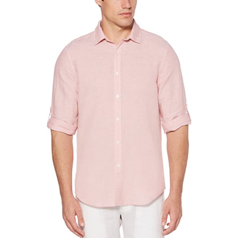 Perry Ellis Rolled Sleeve Linen-Cotton Shirt