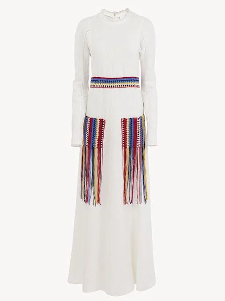 2022 fringe trend Chloe white maxi dress with colorful fringe trim