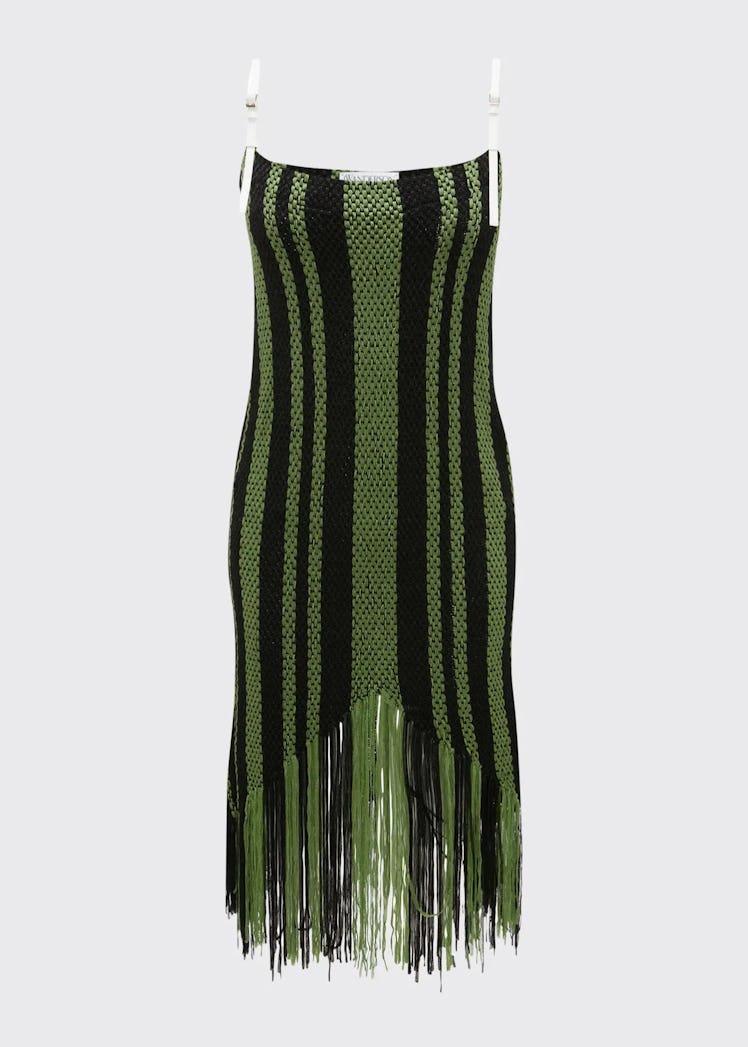2022 fringe trend JW Anderson green and black crochet fringe dress