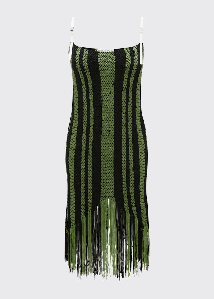 2022 fringe trend JW Anderson green and black crochet fringe dress