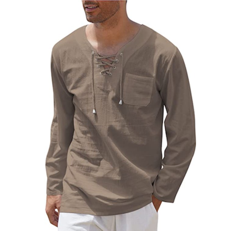 COOFANDY Lace-Up V-Neck Linen Shirt