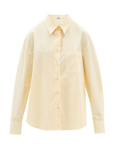 The Frankie Shop yellow button-down shirt to wear with platform sandals.