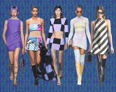 a row of models wearing 60s mod outfits