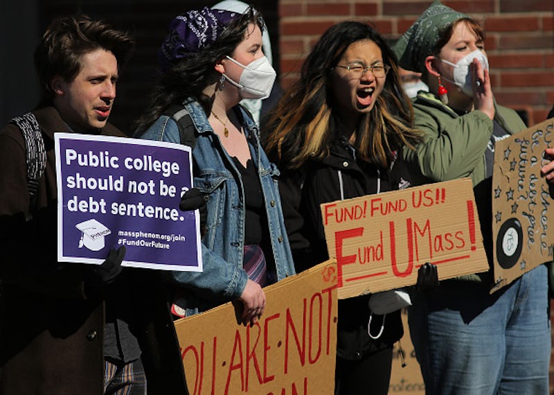 Facing a possible tuition hike, protesters at the University of Massachusetts Amherst gathered in fr...