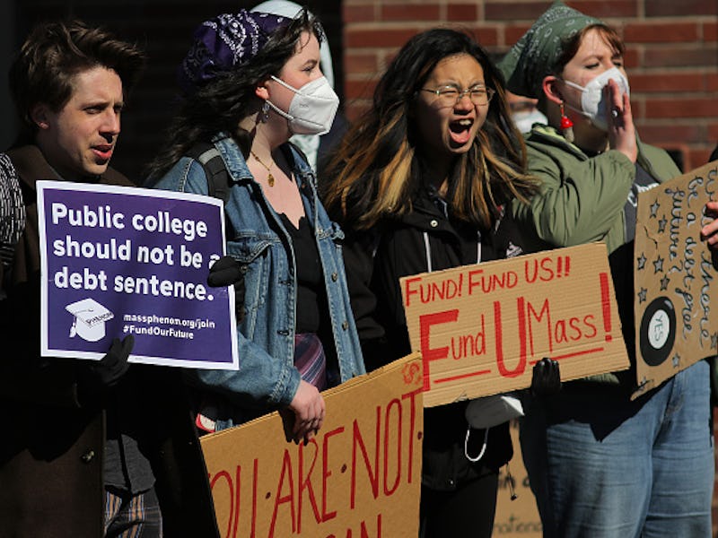 Facing a possible tuition hike, protesters at the University of Massachusetts Amherst gathered in fr...