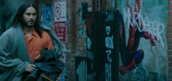 Jared Leto walking past a piece of Spider-Man art in one of Sony’s previous Morbius trailers