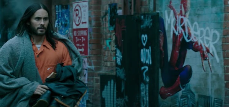 Jared Leto walking past a piece of Spider-Man art in one of Sony’s previous Morbius trailers
