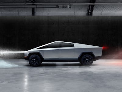 White Tesla Cybertruck in motion