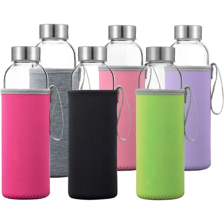 Otis Glass Water Bottles With Sleeves and Stainless Steel Lids (6 Pack)