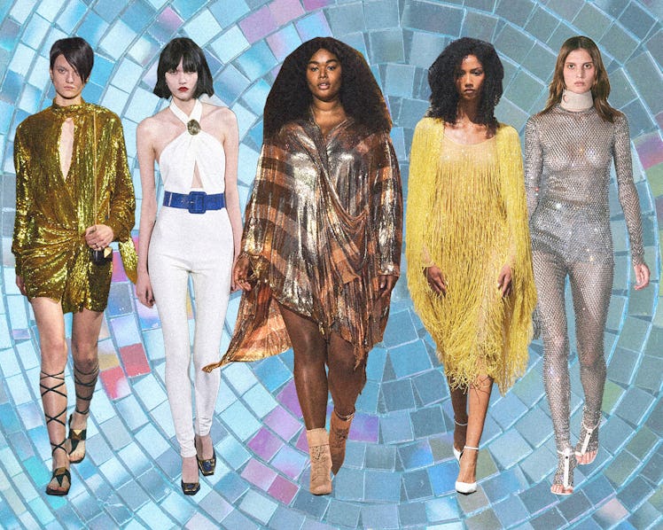 a row of models wearing 70s inspired disco looks