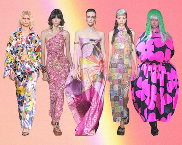 a row of models wearing colorful, psychedelic fashions