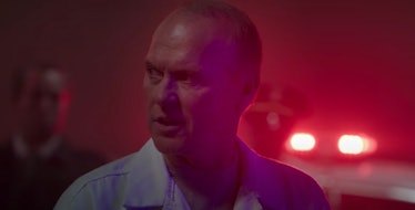 Michael Keaton wearing a white jumpsuit in Morbius