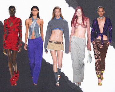 a row of models wearing teeny tiny skirts, low rise jeans, and midriff bearing tops