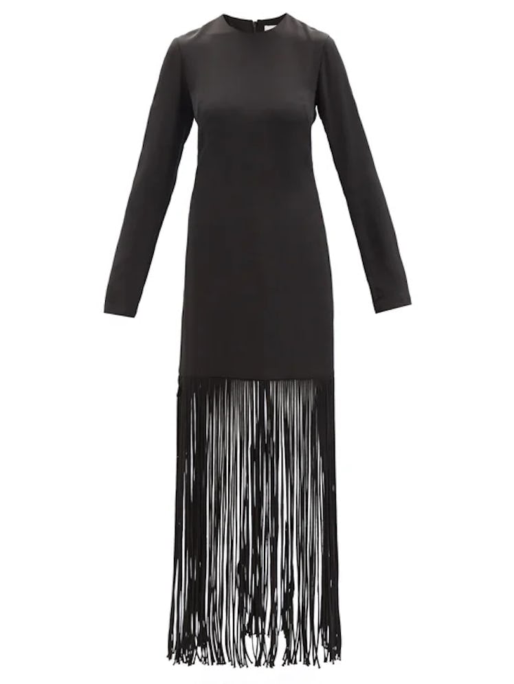2022 fringe trend black silk fringe maxi dress