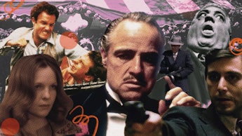 A collage of stills from the godfather movie highlighting all of the major characters and plot point...