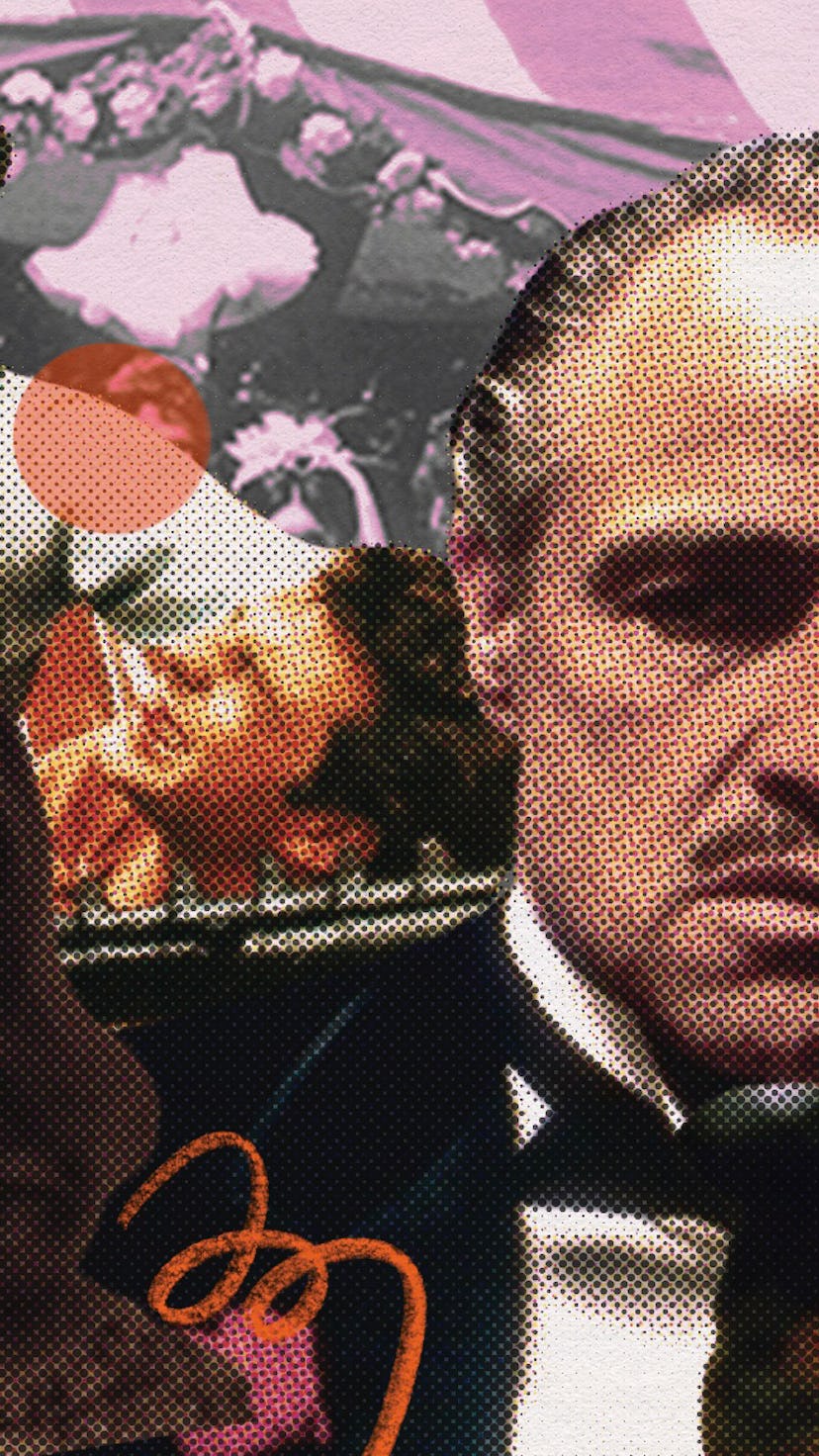 A collage of stills from the godfather movie highlighting all of the major characters and plot point...