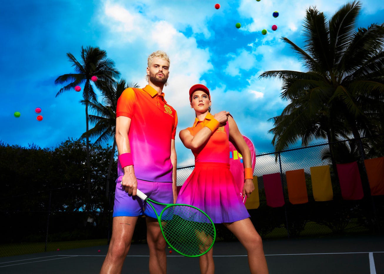 Sophie Hawley-Weld and Tucker Halpern, members of the pop group Sofi Tukker, on the tennis court in ...