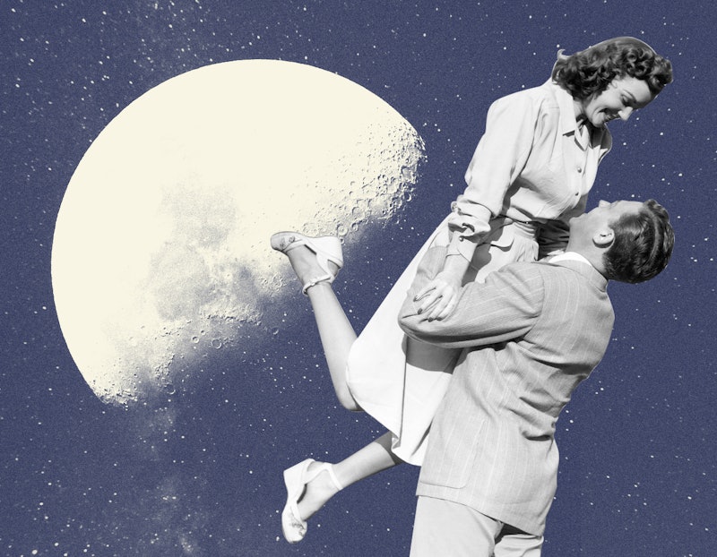 A man lifts a woman up in front of the moon. Here are all the astrological events happening in April...