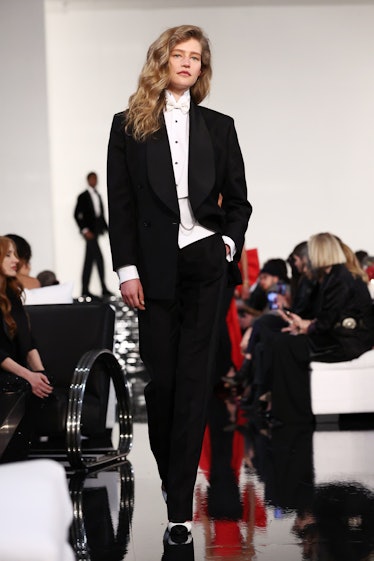 Model on the NY Fashion Week Fall 2022 runway in a Ralph Lauren black tuxedo