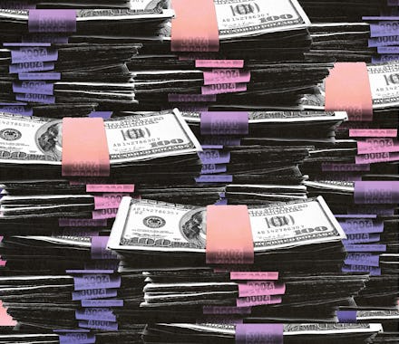 A collage of stacked up bundles of dollar bills