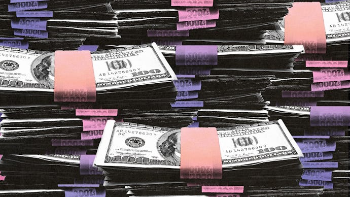 A collage of stacked up bundles of dollar bills