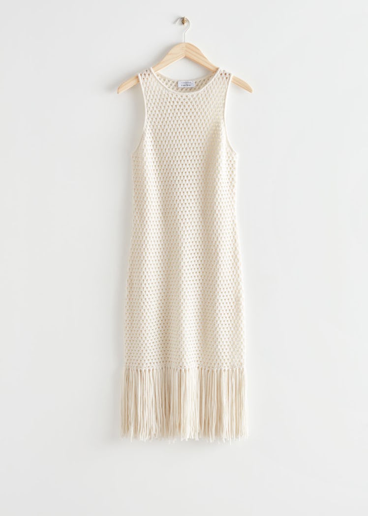 2022 fringe trend & Other Stories crochet fringe midi dress