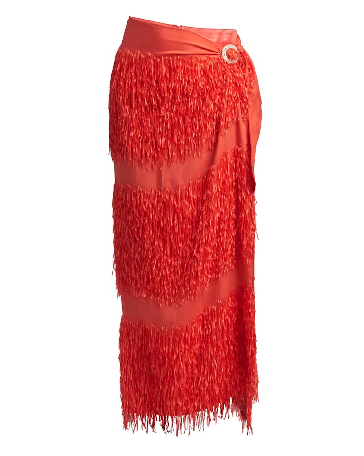 2022 fringe trend Giorgio Armani red sarong fringe skirt