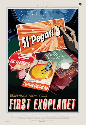 NASA tourism postcard of planet names regarding the first exoplanet