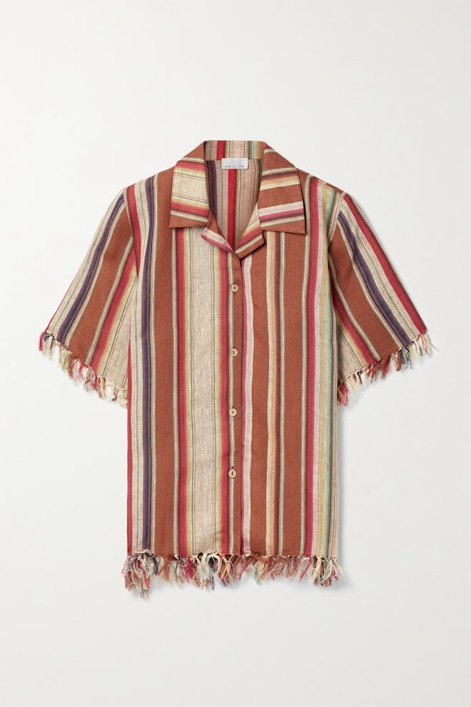 Briar Fringed Striped Linen Shirt  Miguelina spring 2022 essential