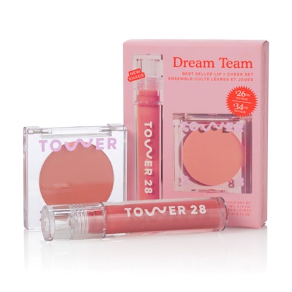 A spread of both Tower 28's ShineOn Milky Jelly Lip Gloss and its Lip and Cheek Cream Blush from its...