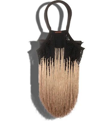 2022 fringe trend Petit Kouraj black and beige fringe tote bag