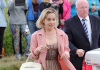  Emilia Clarke arrives for the wedding of Kit Harrington and Rose Leslie on June 23, 2018.
