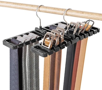 Belt hanger with 10 slots that fits vertically into closet. 