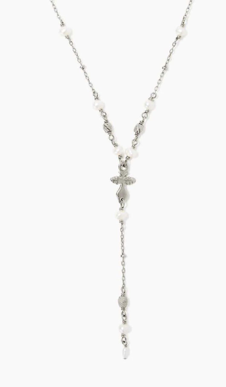 Chan Luu's White Pearl And Petite Dagger Silver Lariat Necklace.