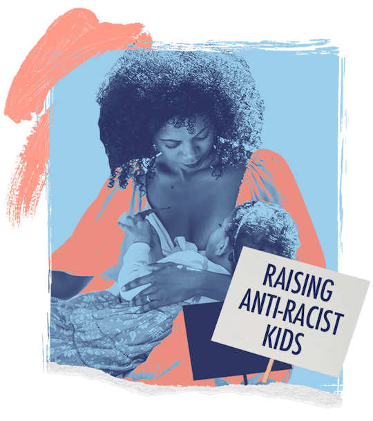 A collage with the author cradling her baby girl at her breast next to the words Raising Anti-Racist...