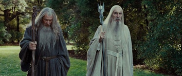 Gandalf (Ian McKellen) and Saruman (Christopher Lee) in The Lord of the Rings: The Fellowship of the...