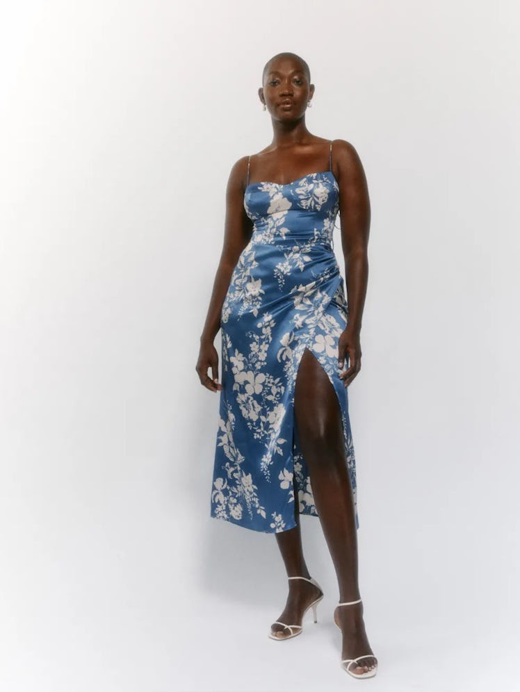 sexy wedding guest dresses high slit reformation blue printed faux wrap midi