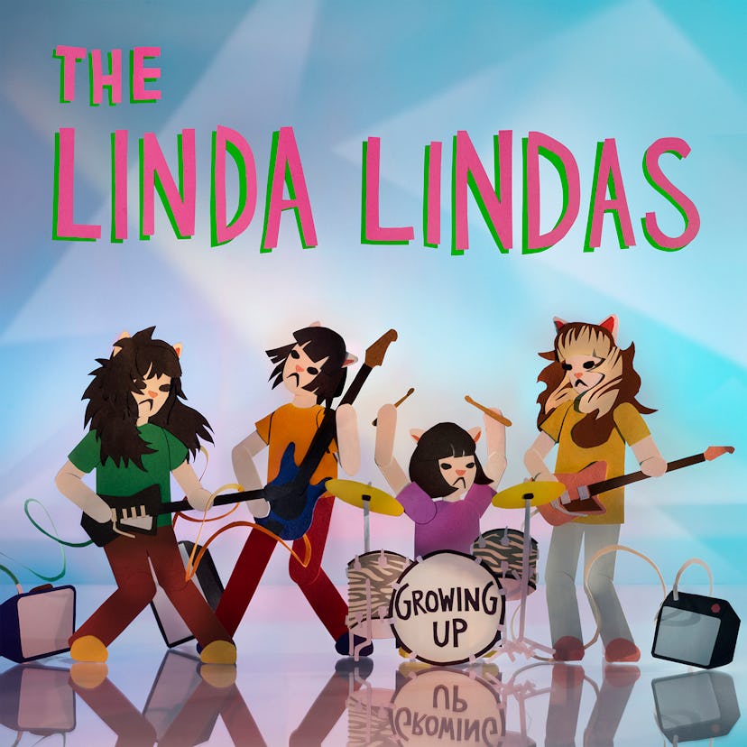 The Linda Lindas band illustration of members as cats playing their instruments