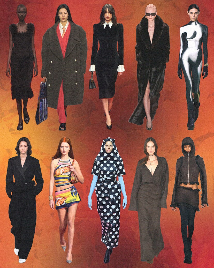 A dark orange/bright orange collage of the 10 biggest fall 2022 fashion trends