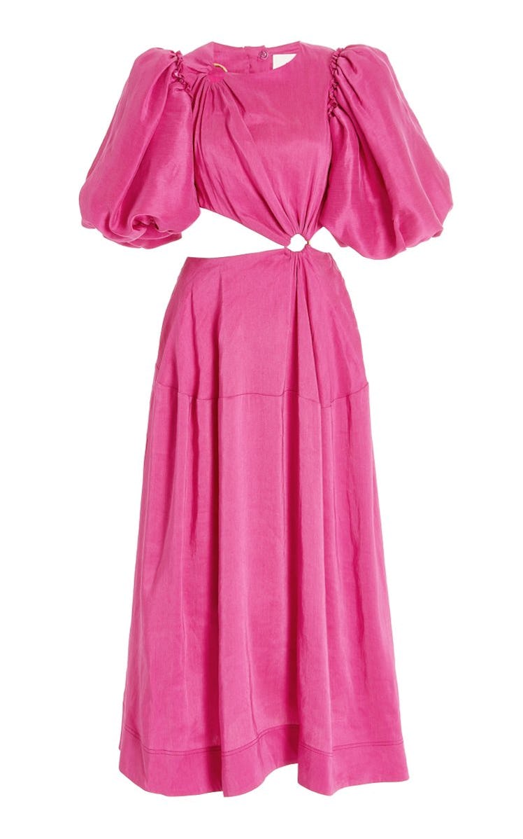 sexy wedding guest dresses maximalist silhouettes aje pink cutout dress with puffy sleeves 