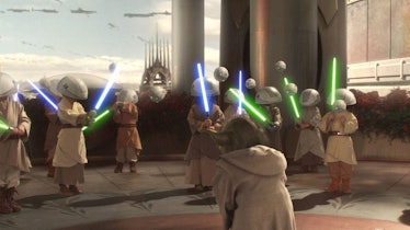 A group of younglings being trained by Jedi Master Yoda in the Star Wars prequels