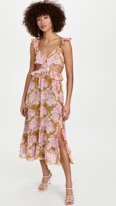 sexy wedding guest dresses maximalist silhouettes likely ruffled cutout slit floral print midi